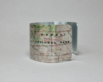 Denali National Park Alaska Map Cuff Bracelet Unique Gift for Men or Women