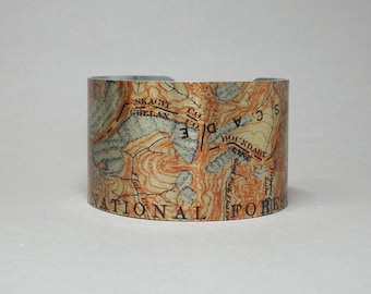 Chelan Forest Washington North Cascades National Park Map Cuff Bracelet Unique Hiking Camping Gift for Men or Women