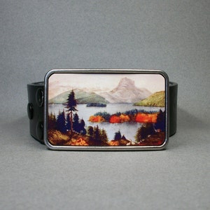 Belt Buckle American Wilderness Mountains Trees Lake