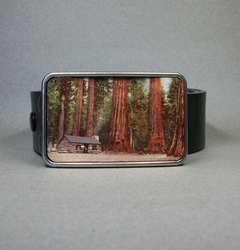 May include: A silver belt buckle featuring a vintage image of a cabin in a forest of tall redwood trees.