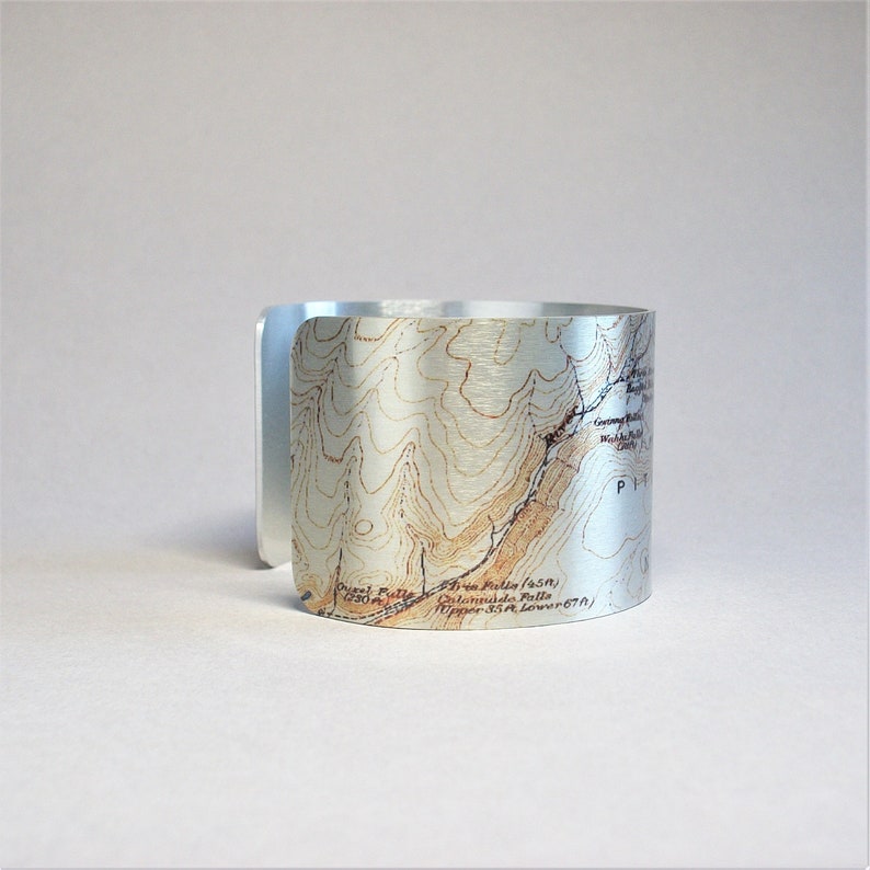Yellowstone National Park Map Cuff Bracelet Wyoming Pitchstone Plateau Unique Waterfall Hiking Gift for Men or Women image 2