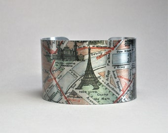 Paris France Map Eiffel Tower Cuff Bracelet Unique Gift for the Traveler