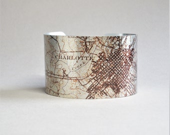 Charlotte North Carolina Map Cuff Bracelet Unique Hometown City Gift for Men or Women