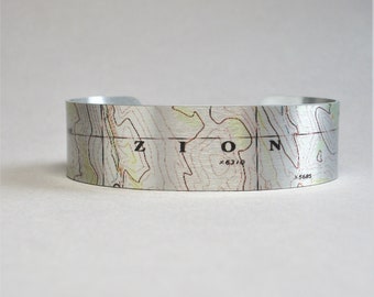 Zion National Park Utah Map Cuff Bracelet Unique Hiking Gift for Men or Women