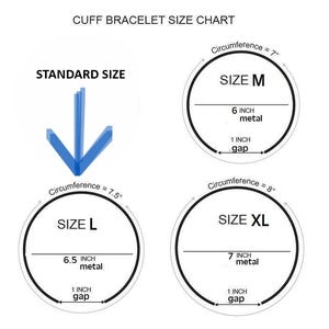 May include: A cuff bracelet size chart featuring three circular diagrams labeled Size M, Size L, and Size XL. Each diagram displays a total circumference, a metal length in inches, and a 1 inch gap. A blue arrow points toward the Size L diagram.