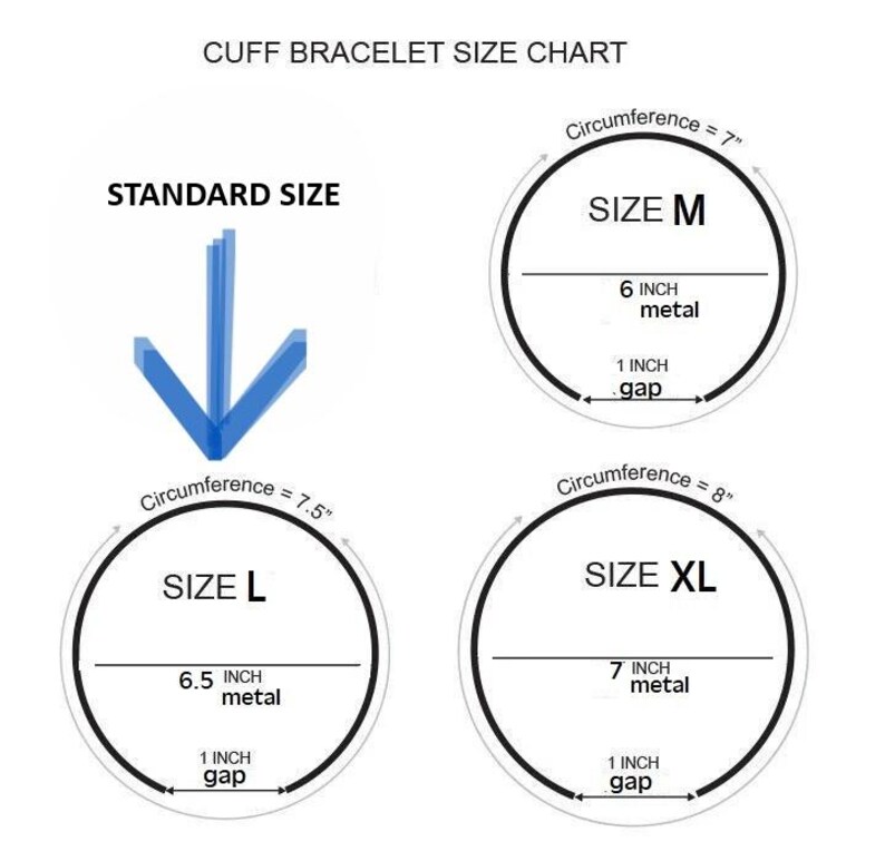 May include: A cuff bracelet size chart featuring three circular diagrams labeled Size M, Size L, and Size XL. Each diagram displays a total circumference, a metal length in inches, and a 1 inch gap. A blue arrow points toward the Size L diagram.