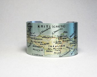 Crete Greece Map Cuff Bracelet Greek Islands Unique Traveler Gift for Men or Women