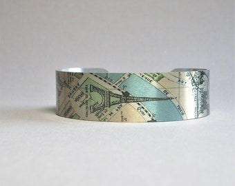 Paris France Eiffel Tower Map Cuff Bracelet Unique Gift