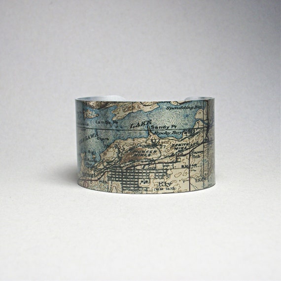 Vintage Ely Minnesota Map Cuff Bracelet, Gift for Her