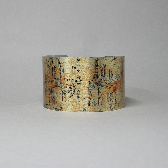 Three Sisters Oregon Map Cuff Bracelet: Hiking Gift