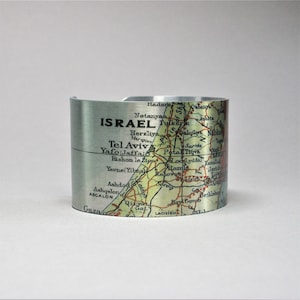 Israel Jerusalem Tel Aviv Cuff Bracelet Vintage Map Unique Traveler Gift for Men or Women