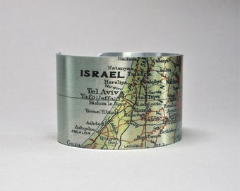 Israel Jerusalem Tel Aviv Cuff Bracelet Vintage Map Unique Traveler Gift for Men or Women