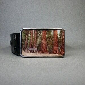 May include: A silver belt buckle featuring a vintage image of a cabin in a forest of tall trees. The buckle is attached to a black leather belt.