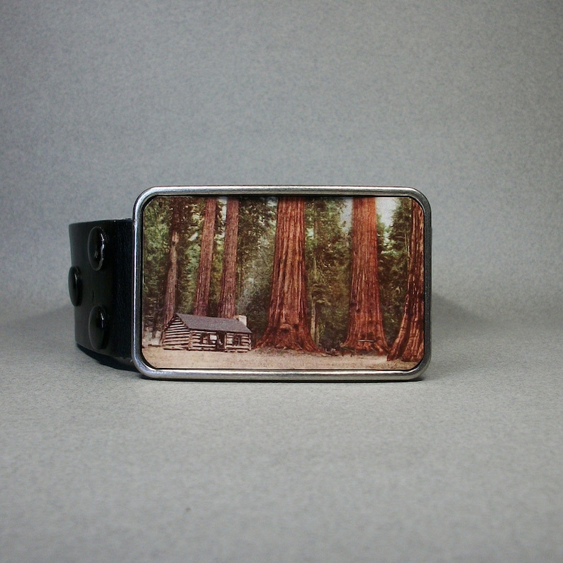 May include: A silver belt buckle featuring a vintage image of a cabin in a forest of tall trees. The buckle is attached to a black leather belt.