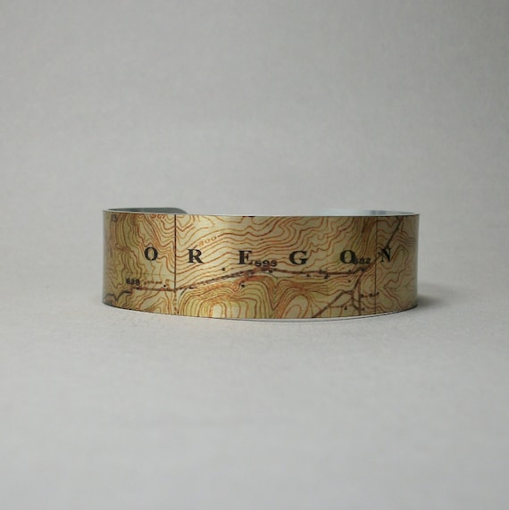 Vintage Oregon Map Cuff Bracelet, Topographic Design