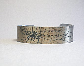 Vintage Richmond Kentucky Map Cuff Bracelet: Unique City Jewelry