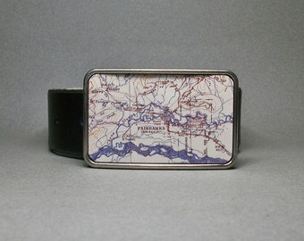 Belt Buckle Fairbanks Alaska Vintage Map on Metal Unique Gift for Men or Women