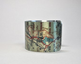 Grand Teton National Park Wyoming Map Jenny Lake Cuff Bracelet Unique Hiking Gift for Men or Women