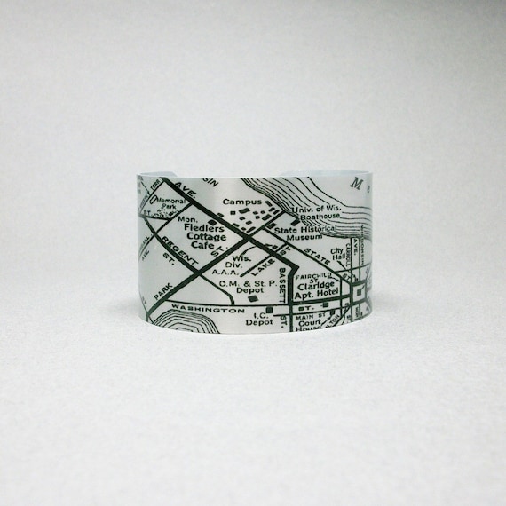 Vintage Madison Wisconsin Map Cuff Bracelet, Hometown Jewelry