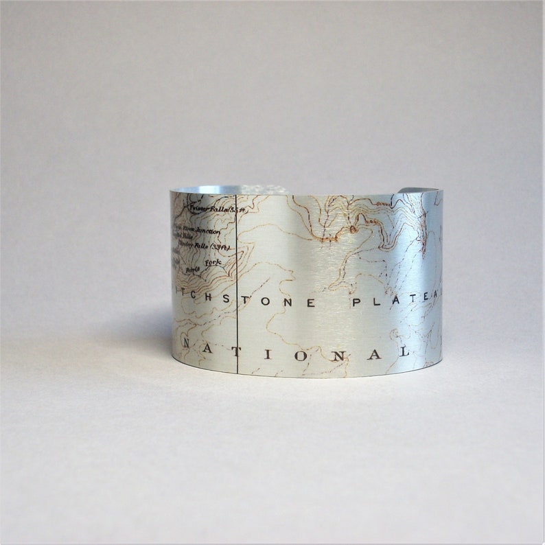 Yellowstone National Park Map Cuff Bracelet Wyoming Pitchstone Plateau Unique Waterfall Hiking Gift for Men or Women image 4