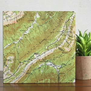 May include: A vintage-style map of a mountainous region, printed on a wooden board. The map features green and brown colors, with lines indicating roads and rivers. The map is titled "North Mountain" and shows the names of various locations.