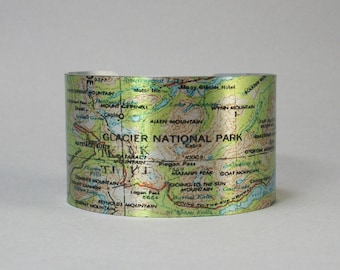 Glacier National Park Map Cuff Bracelet Hiking Camping Outdoorsmen Gift for Men or Women