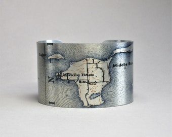 Middle Bass Island Ohio Lake Erie Map Cuff Bracelet Unique Gift for Men or Women