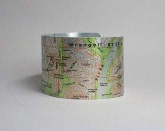 Wrangell St Elias National Park Alaska Map Cuff Bracelet Hiking Gift for Men or Women