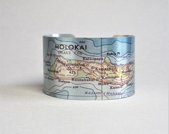 Molokai Hawaii Map Cuff Bracelet Hawaiian Islands Unique Travel Gift for Men or Women