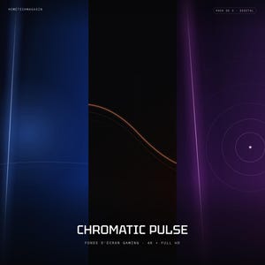 May include: A digital graphic set titled Chromatic Pulse featuring three vertical panels in blue, black, and purple. Each panel displays thin, glowing light lines and circular radar-like patterns. Text includes HOMETECHMAGASIN and PACK DE 3 - DIGITAL.