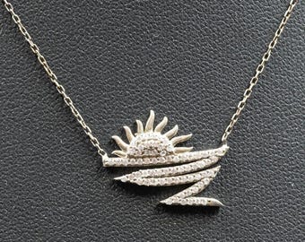 Sunset on the Sea Delicate Necklace, Sterling Silver Pendant on Chain Necklace with Clear Cubic Zirconia, Romantic Necklace for Her