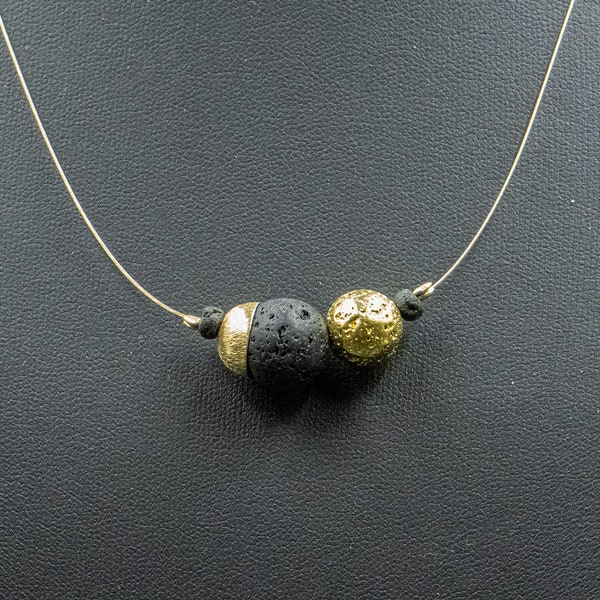 Black and Gold Lava Stone Minimalist Statement Necklace, Simple Everyday Necklace for Her, Santorini Lava Jewelry