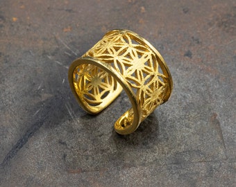 Flower Of Life Ring, Sterling Silver 24K Gold Plated Open Wide Band Ring, Flower Of Life Symbol, Sacred Geometry Ring, Spiritual Jewelry