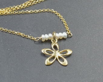 Gold Flower and White Pearls on Gold Chain Delicate Necklace, Sterling Silver 24K Gold Plated Dainty Everyday Necklace