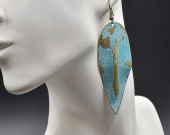 Statement Big Leaves Earrings, Large Brass Bohemian Earrings with Blue Patina, Unique Fashion Leaf Earrings, Brass Jewelry