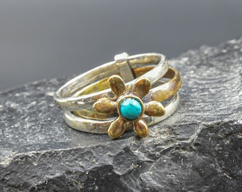 Turquoise Blue and Mixed Metal Stacking Rings with Flower, Handmade Sterling Silver and Gold Brass Ring, Floral Jewelry, Turquoise Jewelr