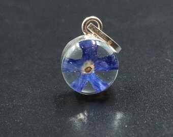 Real Blue Flower Necklace, Sterling Silver Small Delicate Pendant with Resin Covered Flower, Botanical Jewelry,
