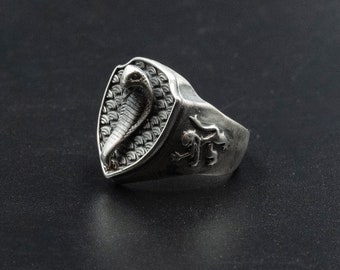 Sterling Silver Men Signet Ring, Shield and Snake Ring, Unique Chevalier Ring, Serpent Shield Ring, Cobra Ring, Mens Gift, Jewelry for Men