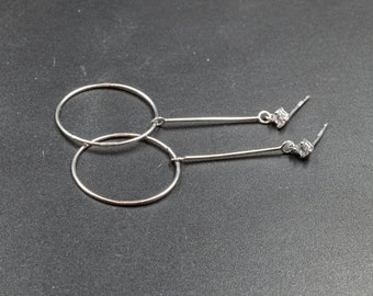 Sterling Silver Circle Long Drop Earrings, Cubic Zirconia Studs, Delicate Minimalist Geometric Jewelry