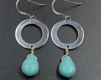 Turquoise Blue Howlite Gemstone and Sterling Silver Ring Earrings, Dangle Circle Earrings Gift for Her, Turquoise Jewelry