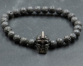 Men's Stretch Total Black Bracelet with Lava Stone and Ancient Greek Helmet, Black Lava Stacking Bracelet, Men's Jewelry