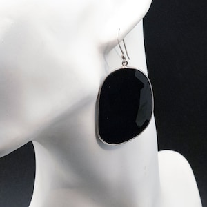 Black Onyx Large Earrings, Boho Big Black Stone Statement Earrings, Natural Gemstone and Sterling Silver Bazel Set Fashion Earrings