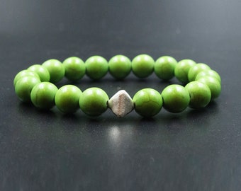 Green Howlite and Sterling Silver Stretch Bracelet for Men and Women, Green Stacking Boho Bracelet, Meditation Men's Jewelry