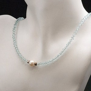 White Freshwater Pearl and Blue Faceted Crystal Delicate Sparkly Necklace, Crystal Jewelry, Necklace Gift for Her