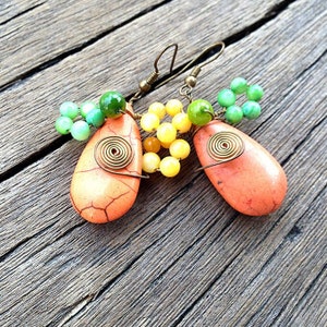 Orange Howlite Dangle Earrings, Gemstone Chunky Earrings, Boho Earrings, Handmade Fashion Jewelry, Earrings Gift for Her
