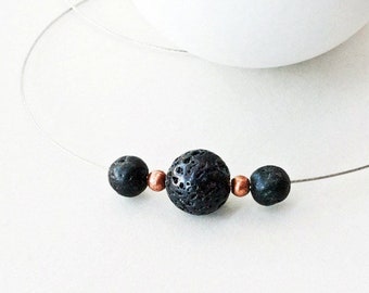 Black Lava Stone and Copper Minimalist Geometric Necklace, Simple Everyday Necklace for Him or Her, Lava Jewelry