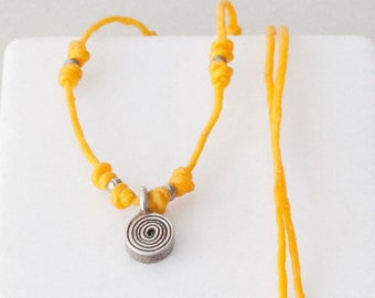 Sterling Silver Spiral Charm on Thin Yellow Thread Dainty Necklace, Minimalist Necklace for Men and Women