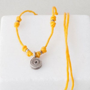 Sterling Silver Spiral Charm on Thin Yellow Thread Dainty Necklace, Minimalist Necklace for Men and Women image 1