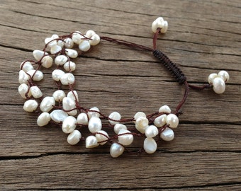 Pulsera de perlas blancas de agua dulce, pulsera tejida hecha a mano de múltiples hilos, pulsera de boda en la playa, joyería de perlas