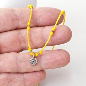 Sterling Silver Spiral Charm on Thin Yellow Thread Dainty Necklace, Minimalist Necklace for Men and Women image 5